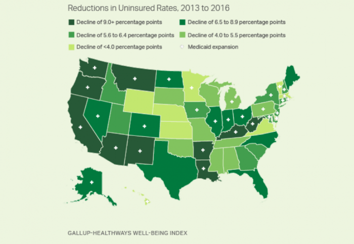 A map of uninsured rates due to ACA expansion