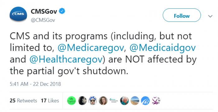 CMS tweets about the partial government shutdown