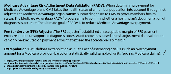 Definitions of risk adjustment terms: Medicare Advantage risk adjustment data validation, fee-for-service adjuster, and extrapolation.